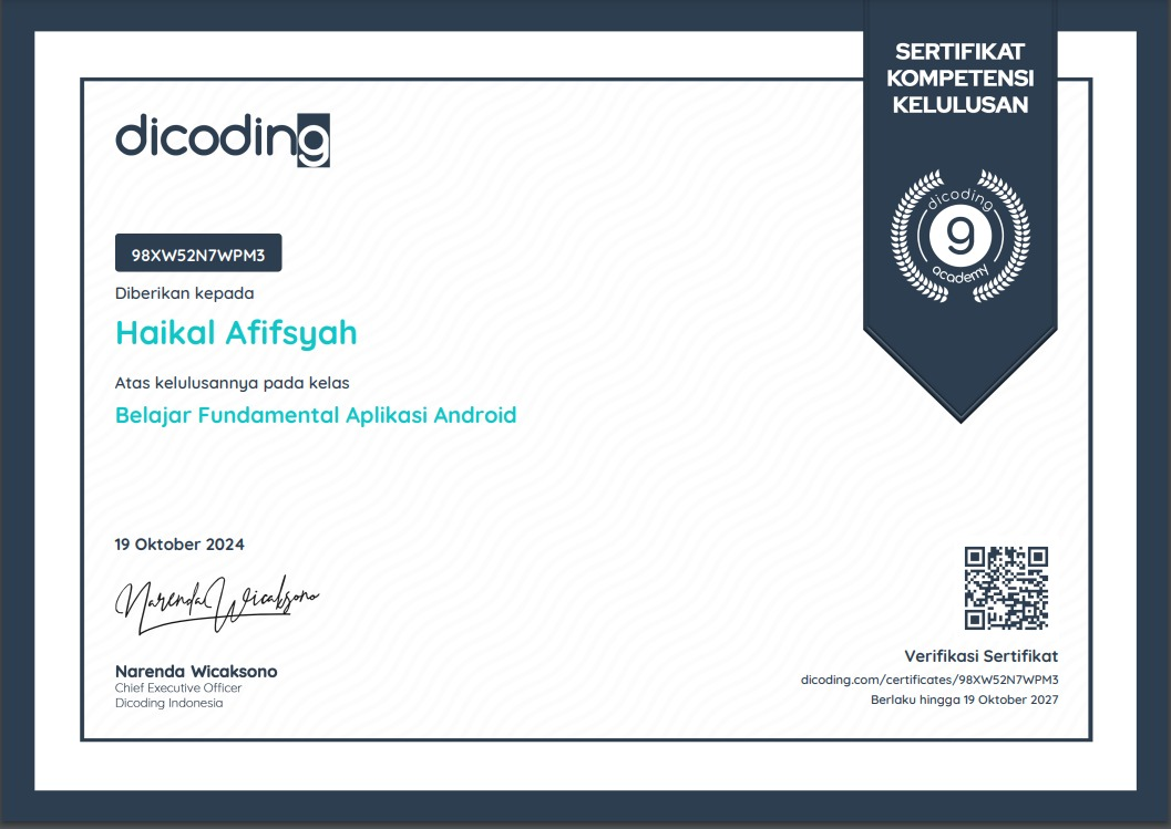 Certificate for Belajar Fundamental Aplikasi Android