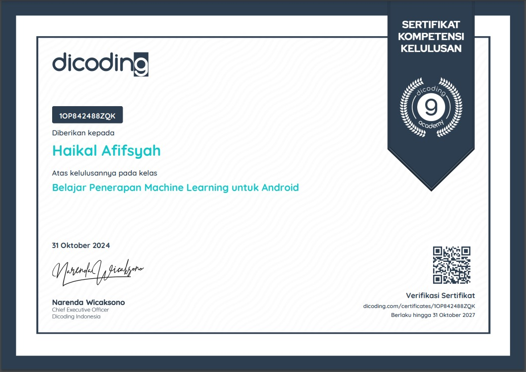 Certificate for Belajar Penerapan Machine Learning untuk Android