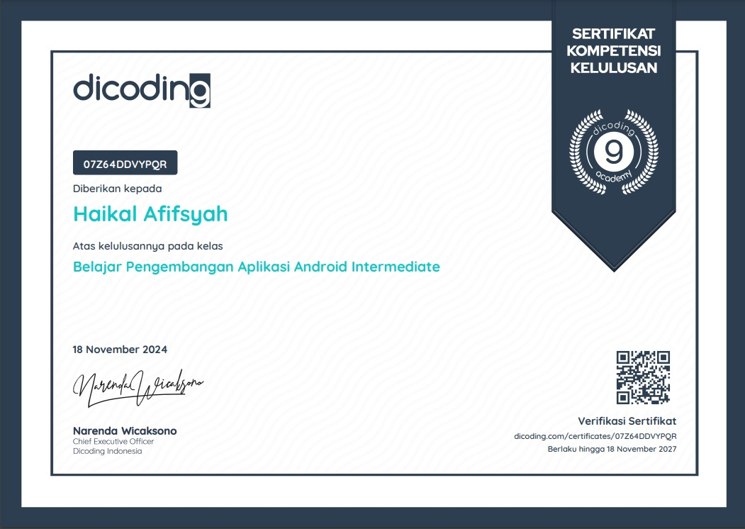 Certificate for Belajar Pengembangan Aplikasi Android Intermediate