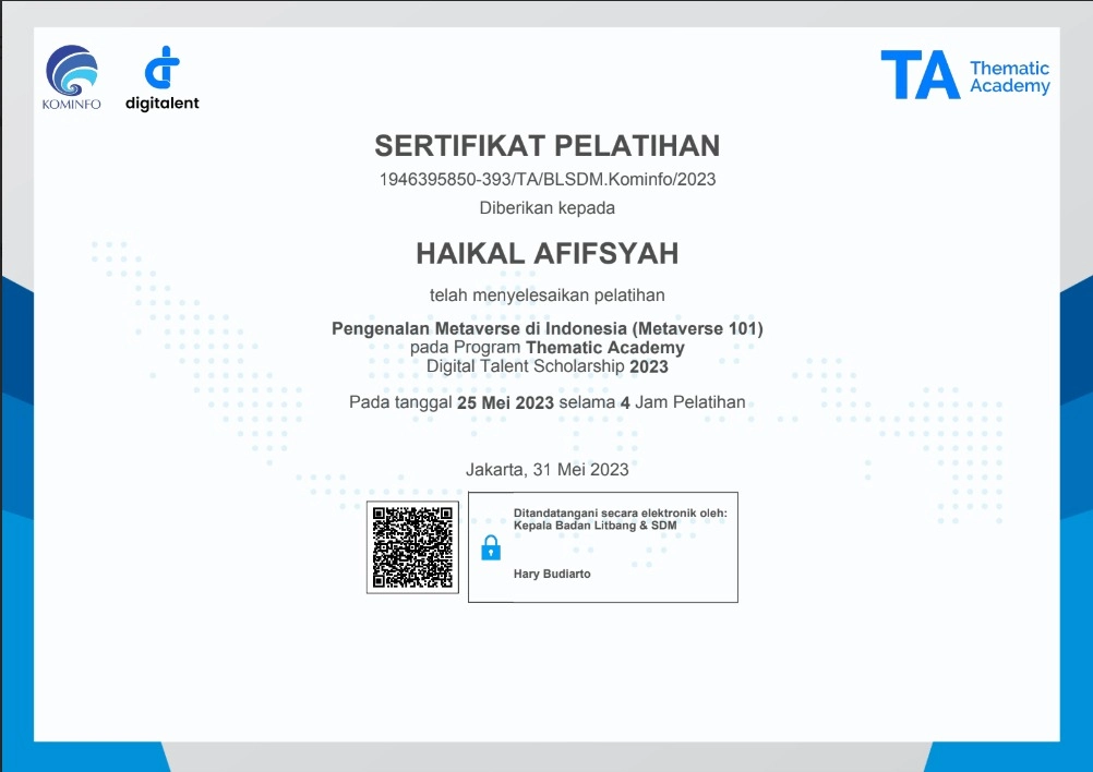 Certificate for Digitalent Metaverse