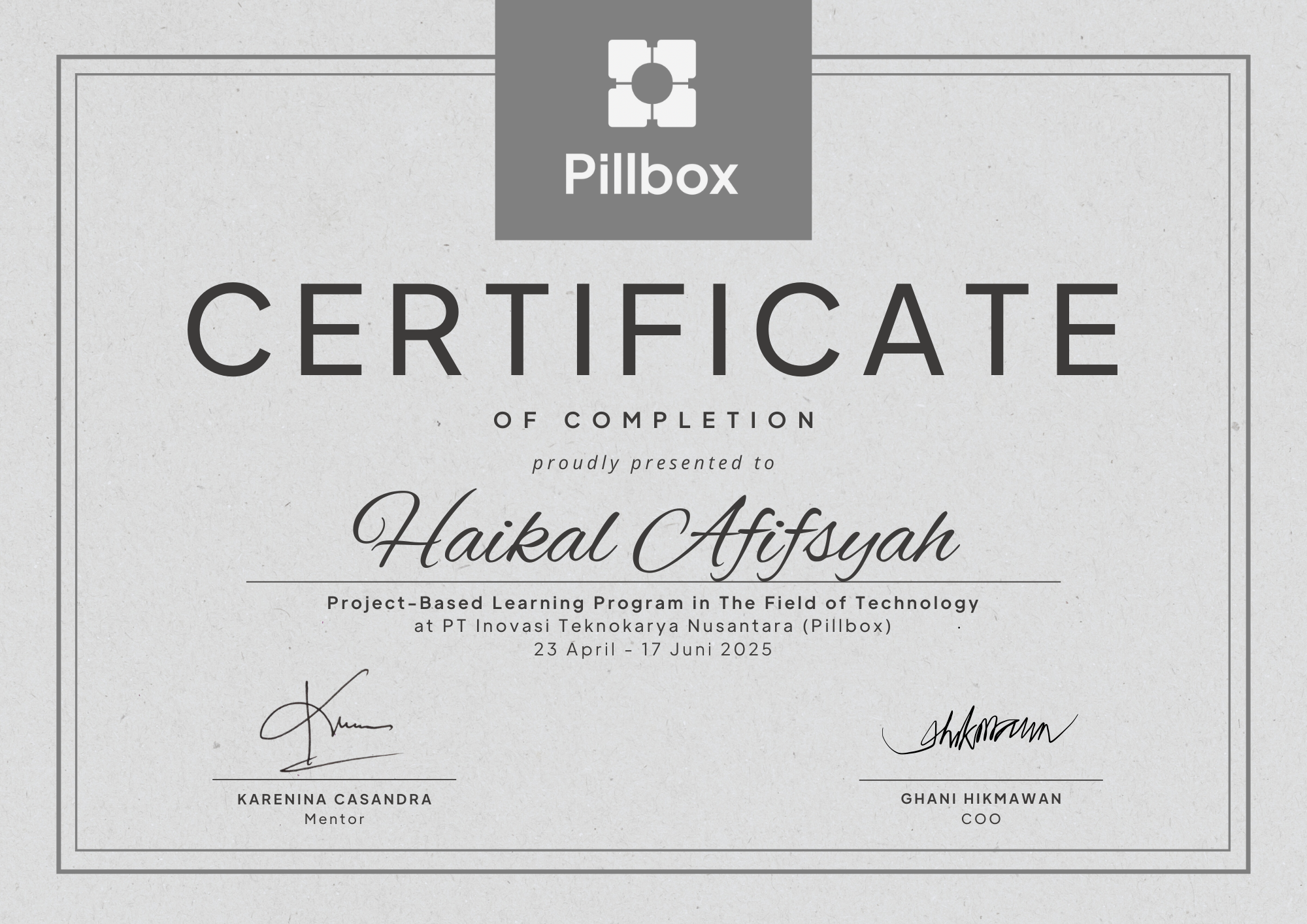 Certificate for Pillbox.id - PBL Internship Completion