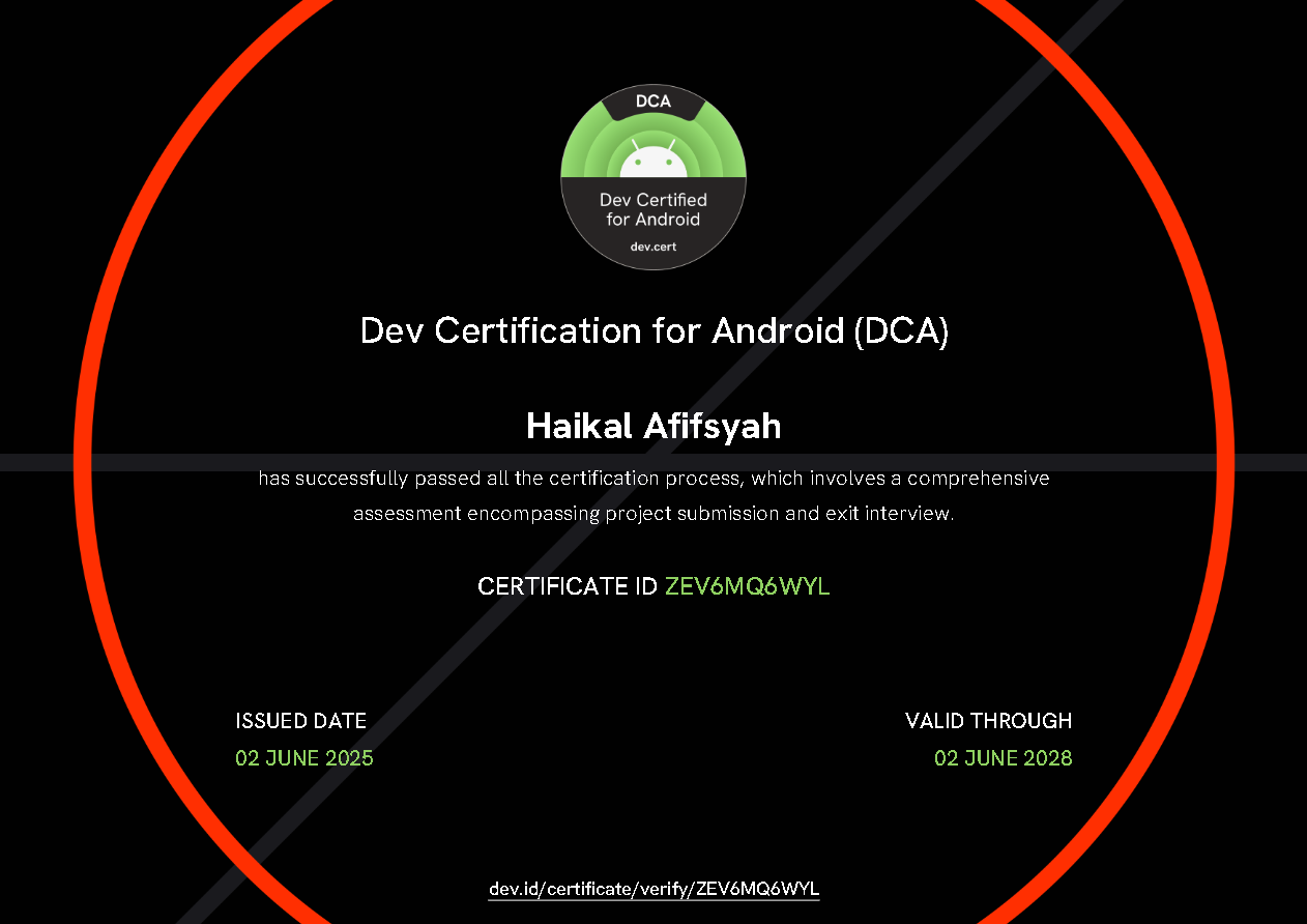 Certificate for Dev Certified for Android (DCA)