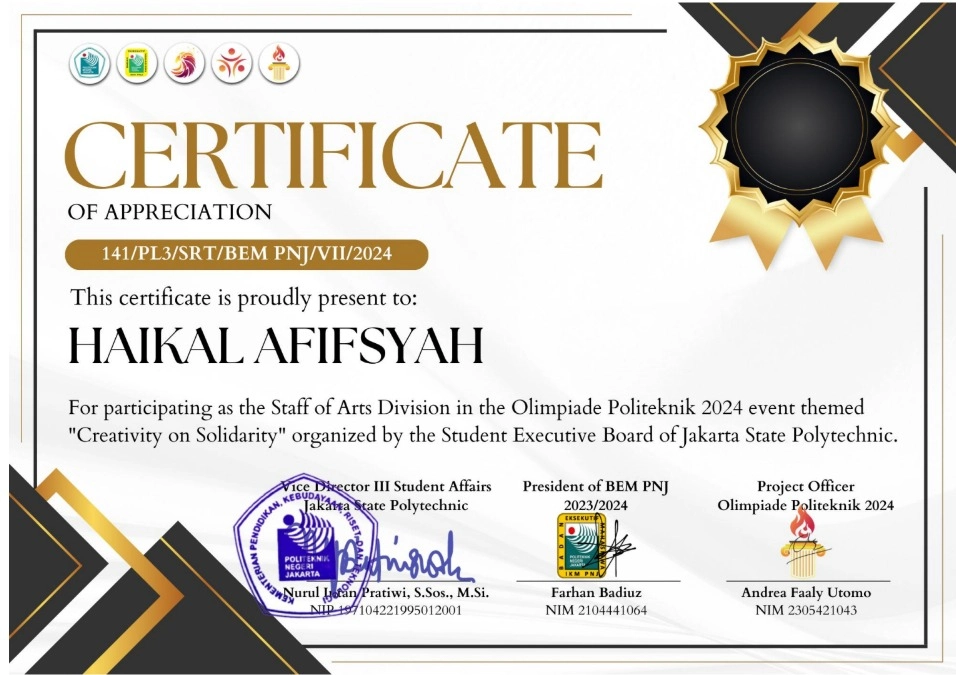 Certificate for Staff of Arts Division