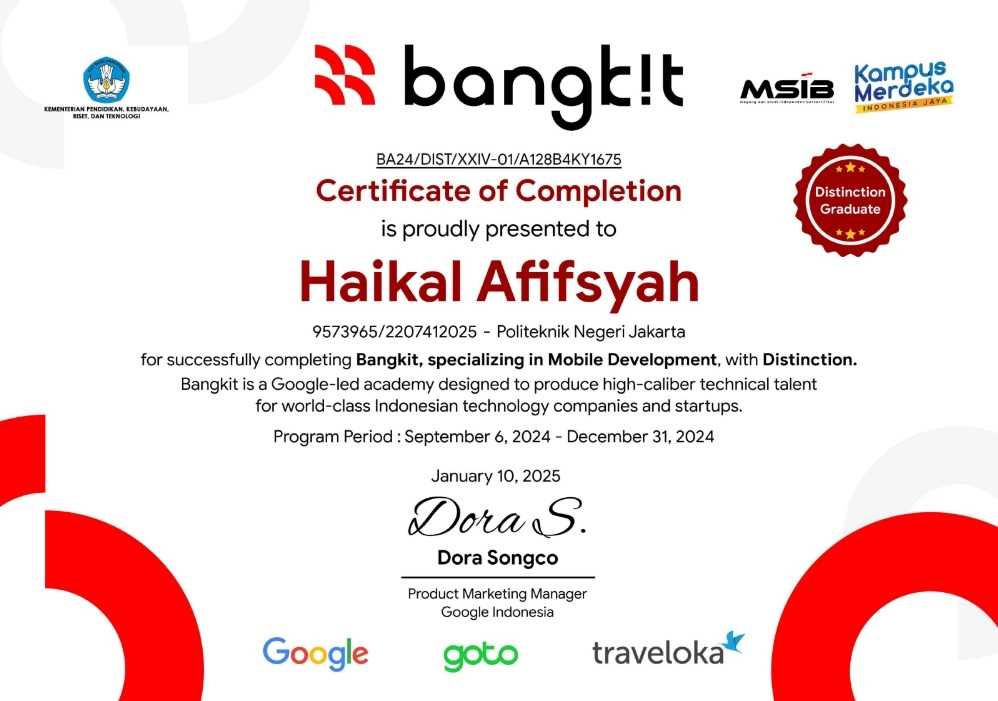 Certificate for Bangkit Academy 2024 - Mobile Development